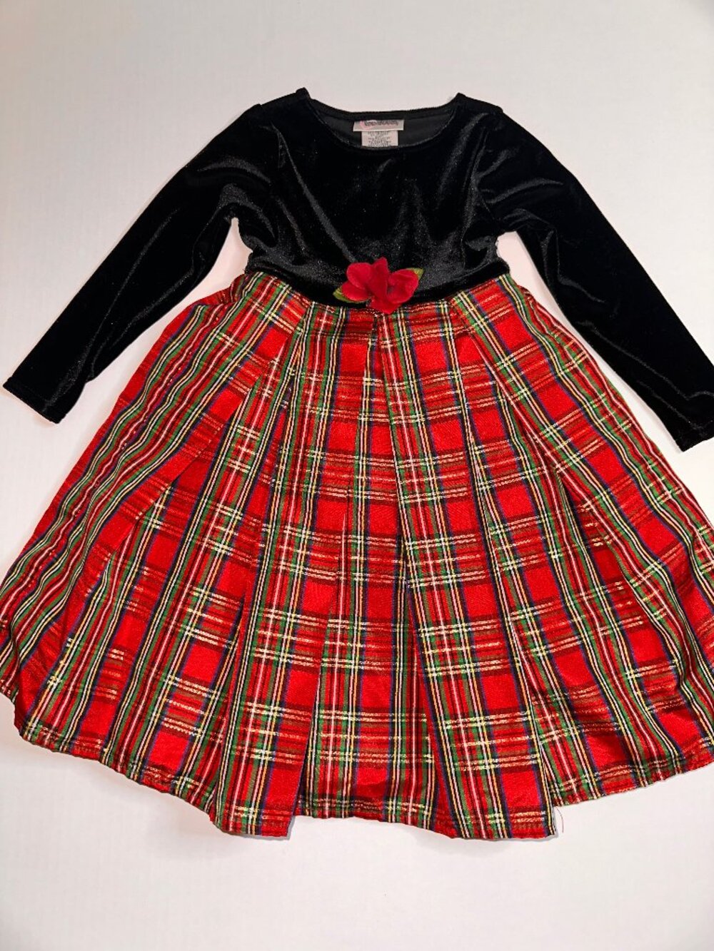 VTG Youngland Dress Girls Size 4 Red Plaid Christmas Holiday black velour #683